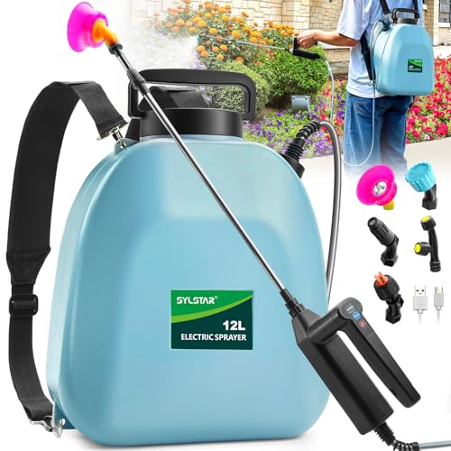 SYLSTAR Pulverizador elétrico de 12 litros, 3 velocidades de pulverizador de pressão com 5 boquilhas de neve, mochila de pulverização de ervas daninhas e spray de água de 7,4 V