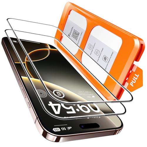 TOCOL 2 peças protetor de ecrã para iPhone 16 Pro, alinhamento automático para instalação rápida, sem bolhas, anti-riscos, vidro temperado com dureza 9H+reversível, HD transparente