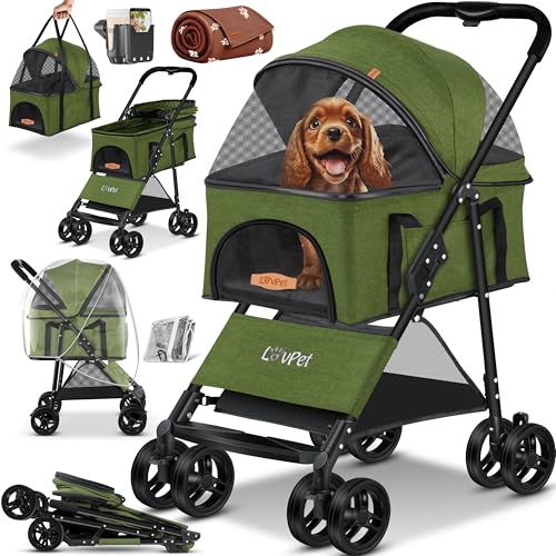 LOVPET® Carrinho para cães 2 em 1, carrinho para cães caixa para cães, bolsa de transporte dobrável, até 20 kg, carrinho para animais de estimação com janelas de malha e cobertura de proteção caqui