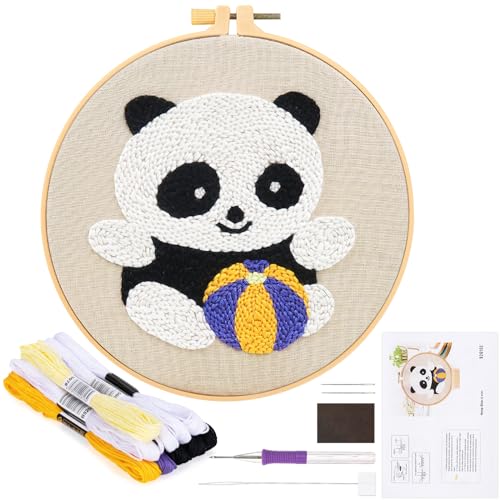 JSRQT Kit de bordado com agulha perfurada, padrão de panda kit de arranque Punch Needle para adultos iniciantes, kit de iniciação para bordado