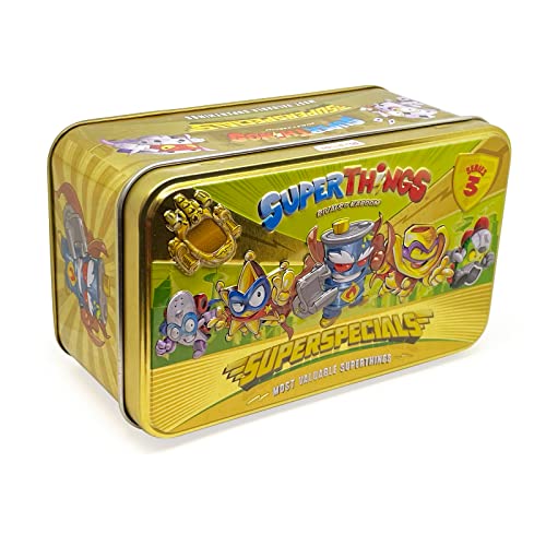 SUPERTHINGS Lata Gold contém todas as figuras especiais da série 3, inclui o ultra-aro (Mr. King), 2 líderes dourados, 6 capitães prateados e 2 Supersliders dourados