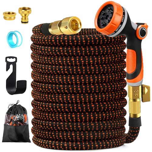 Gaeymy Mangueira de jardim extensível de 15 m, mangueiras de jardinagem flexível com 10 funções pistola, bocal mangueira de terraço retrátil com conector de 3/4" de 1/2", Garden Hose rega conectores