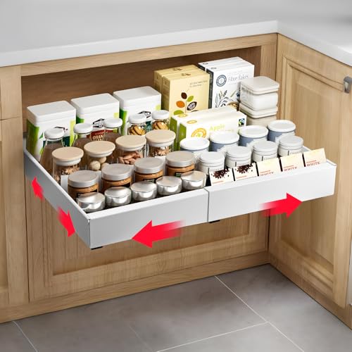 Tanice Gaveta expansível deslizante, gaveta telescópica com tira adesiva nano 32-52 cm x 42 cm x 7,5 cm bandeja removível armário para armários, cozinhas, despensa, casas de banho, sala de estar,