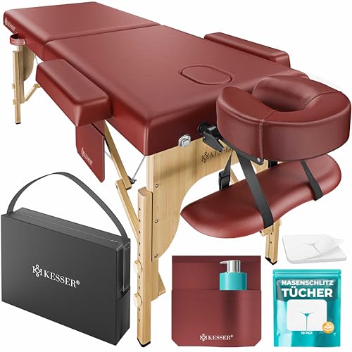 KESSER® Maca de massagem móvel com pés de madeira, dobrável e ajustável em altura, 2 zonas, mesa de massagem, mesa de massagem, espreguiçadeira larga, apoios de cabeça e apoios de braços, inclui bolsa