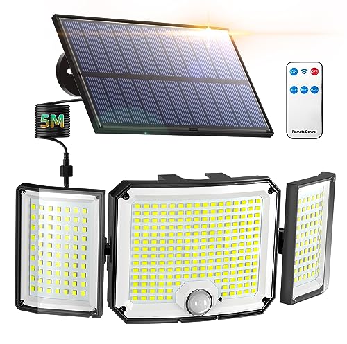 WeBeqer Luz solar exterior, 346 LED holofote solar exterior com sensor de movimento, IP65 impermeável, 270º ângulo de iluminação candeeiro solar para jardim com controlo remoto e cabo de 5 m