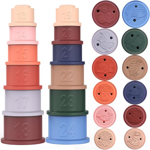 Caneca de brinquedo empilhável para pequenos, cubos empilháveis para bebés 2 jogos (6 + 6), brinquedos educativos de silicone macio para bebé, brinquedos empilháveis para aprendizagem e