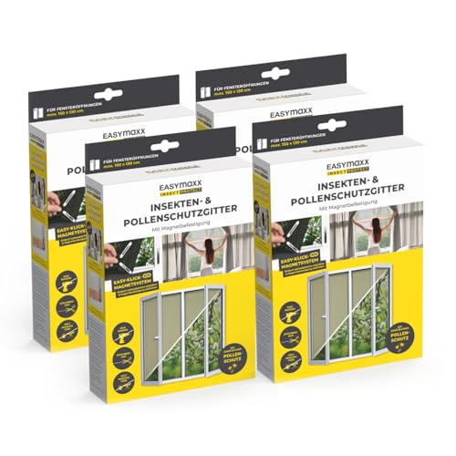 EASYmaxx Rede mosquiteira anti-pólen para janelas com Magic Click, cortada à medida para todas as janelas até 150 x 130 cm, fácil instalação com 12 ímanes - sem perfurar nem aparafusar [4 peças]