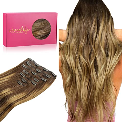 WENNALIFE Clipe de cabelo natural Extensões de grampo, 50 cm, 120 g, 7 peças, Balayage castanho chocolate a loiro caramelo extensões de cabelo Remy extensões cabelo postiços mulher