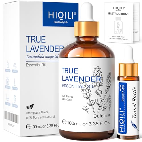 HIQILI 100 ml óleo essencial lavanda - 100 % puro sem diluir, grau terapêutico para difusor de aromaterapia, aliviar o stress, melhorar a qualidade do sono | com conta-gotas de vidro