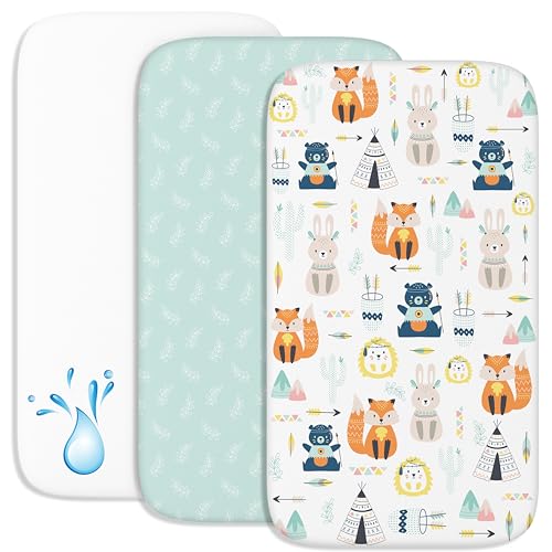 2 Lençóis miniberço + 1 capa de colchão para miniberços para bebés impermeável elástico, lote de 3 roupa de berço - tamanho 55 x 90 cm, compatível com berços, colchão - menino e menina - raposa