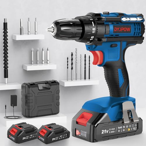DYJPOW 21 V Broca parafuso bateria com 2 x 2,0 Ah baterias, parafuso elétrico 42 Nm, 18 + 1 ajuste de par, 14 acessórios, 2 velocidades, luz LED para casa, bricolagem, azul