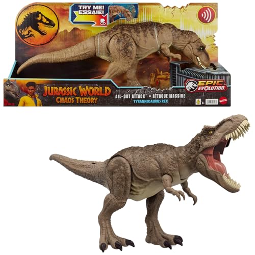 Mattel Jurassic World: Teoria do Dinocaos Netflix - Tiranossauro Rex Ataque total, figura de ação de dinossauro de brinquedo com sons que embiste, série Epic Evolution, +4 anos, HXF54e