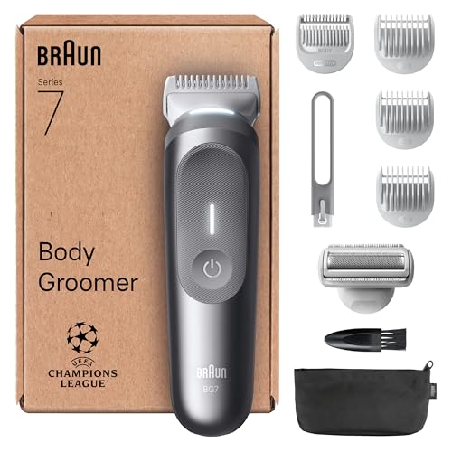 Braun Aparador corporal Series 7 BG7555, máquina de barbear corporal homem para peles sensíveis, 8 acessórios de borracha, 100 min de automonomia, recorte e barbear, resistente à água, cinzento