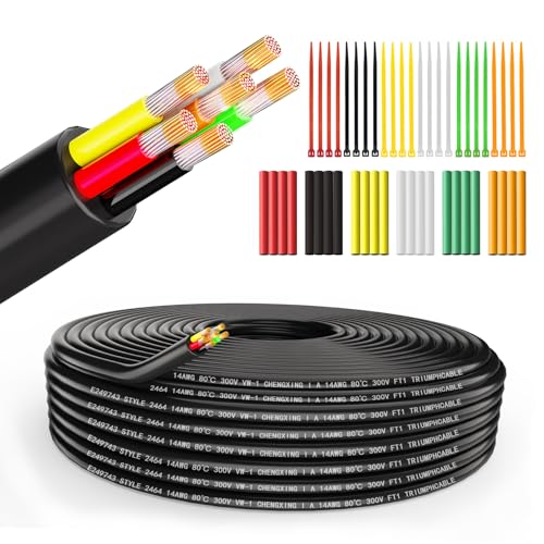Wirelume 14 AWG 6 x 2 mm² Cabo elétrico de 6 núcleos 5 V/12 V/24 V cabo de alimentação de PVC entrançado de 50 pés/15 m cabo de cobre estanhado de baixa tensão bainha redonda para LED marinho