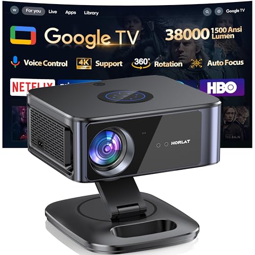Google TV/1500ANSI/Auto Focus: projetor de 4K Horlat, 38000 Lumens, oficial Netflix 1080P, projetor de vídeo 4K com assistente de voz para telemóvel/PC/cinema em casa