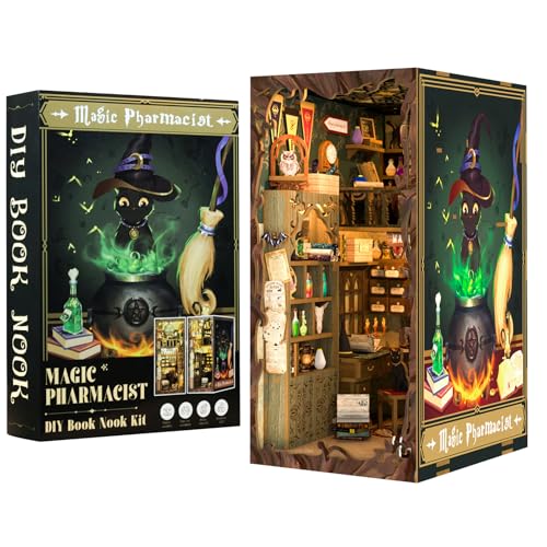 CUTEBEE DIY Book Nook Kit - Casa de bonecas em miniatura de madeira com móveis e luzes LED, decoração criativa de inserção de prateleiras, Magic Pharmacist