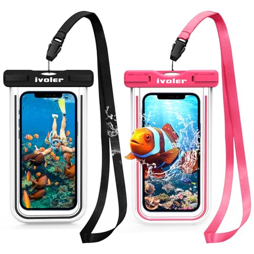 ivoler [IPX8 Certificado [2 unidades] Capa bolsa telemóvel impermeável universal para Xiaomi, iPhone, Samsung Galaxy, Huawei, smartphones, moedas, passaporte, etc. (preto + rosa)