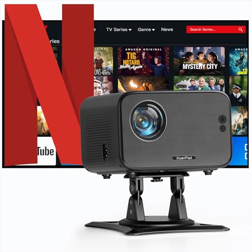 [Netflix oficial e foco automático] XuanPad Mini projetor com WiFi6 Bluetooth, Full HD 1080P, correção trapezoidal automática, suporte giratório de 210°, design antipoeira e resfriamento
