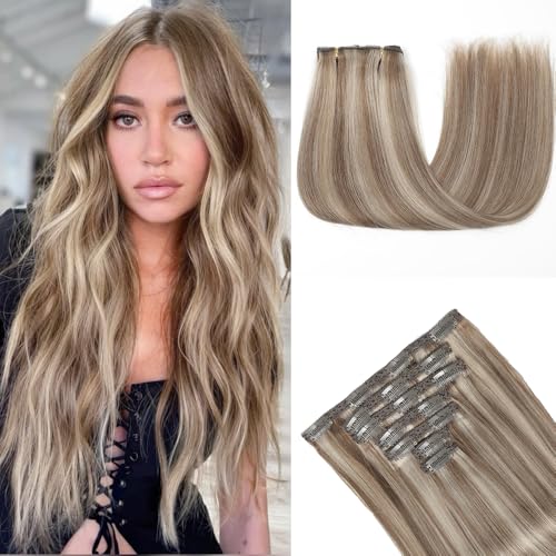 HotLulana Extensões de clipe de cabelo natural 120 g 7 peças 45 cm extensões de clipe de cabelo natural Remy extensões de cabelo humano 18 polegadas extensões de cabelo natural grampo P6/18 K#