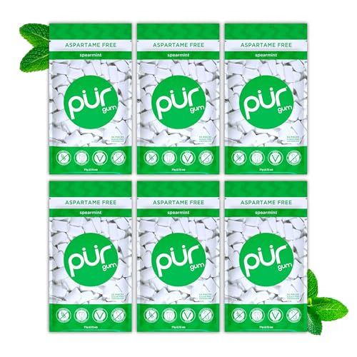 PUR Gum Chiclete sem açúcar, com Xilitol, vegano, sem aspartamo e sem glúten, pastilha natural com sabor a Spearmint, 55 peças (embalagem de 6)