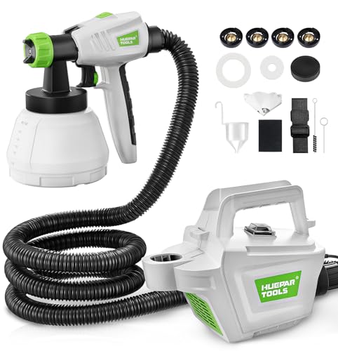 Huepar Tools Pistola de pintura 800 W, pistola de pintura elétrica com tanque desmontável de 1300 ml, 4 bicos de latão, mangueira de 3 m, fluxo de pulverização ajustáveis, para interiores e exteriores