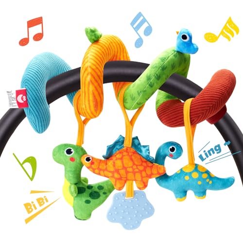 hahaland Carrinhos brinquedos bebés 0 3 6 meses, espiral carro bebé pendentes brinquedos bebés 6-12 meses, dinossauros de peluche com sons interativos presentes para bebé
