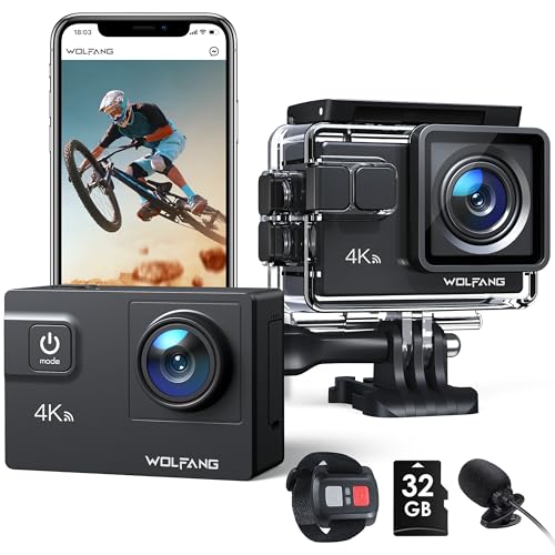 WOLFANG GA300 Câmara ação 4K, submarina 40 m, impermeável com cartão 32 GB, WiFi 60FPS 24 MP, Zoom 8X grande ângulo 170 ° EIS, controlo remoto 2,4 G, ecrã tátil, 2 baterias 1350 mAh