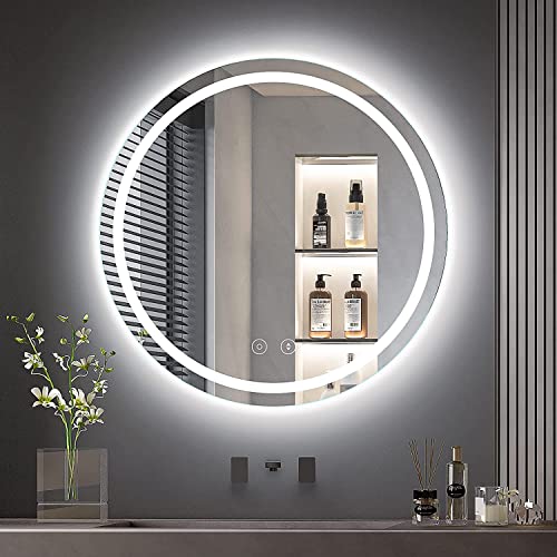 Dripex Espelho de casa de banho com luz LED redondo 60 cm, anti-embaciamento, dímble, com função de memória, interruptor tátil, IP44, IRC 90+