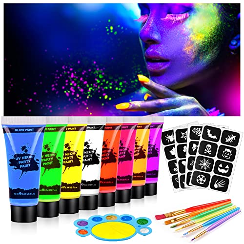 AOOWU Tinta fluorescente no escuro, 8 cores pintura facial crianças hipoalergénica com 6 pincéis e paleta, néon pintura facial e corporal segurança, maquilhagem para meninas Halloween festival