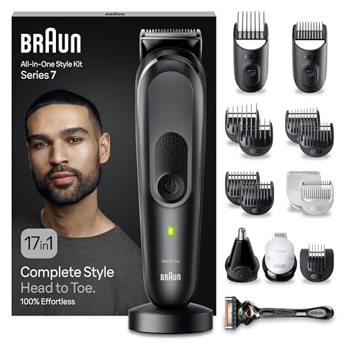 Braun Aparador de barba série 7 máquina de cortar cabelo, corta-pelos para homem, depiladora corporal para rosto, cabelo, orelhas, nariz e corpo, recarregável com 100 min automonomia, MGK7491, preto