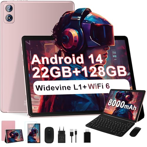 2025 Newest Tablet Android 14 Tablet de 10 polegadas, 22 (6 + 16)GB RAM+128 GB ROM/TF 2TB, 8000 mAh, 8-Core CPU, 3D Face ID, Widevine L1, WLAN 6, BT5.0, GPS, 5 MP + 8MP, Tábua. Com teclado + rato