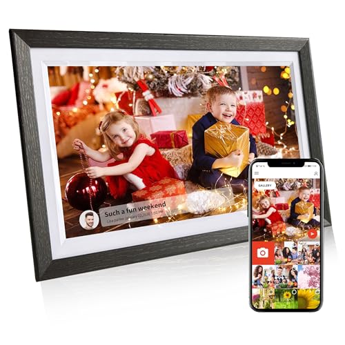 Tibuta Moldura de fotos digital WiFi de 15,6 polegadas, ecrã táctil IPS de 1366 x 768, moldura digital de nogueira 32G, partilhe fotografias ou vídeos através da aplicação Uhale