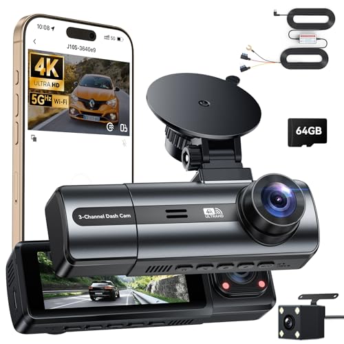 4K+1080P Dashcam carro com Hardwire kit para modo de estacionamento, 3 canais câmara de carro WiFi, APP controlo, cartão 64G, super visão noturna, WDR, gravação de laço, G-Sensores