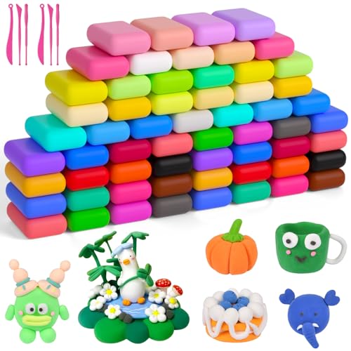 AUAUY Argila polimérica seca ao ar, 60 cores argila polimérica com 6 ferramentas para esculpir, Foamy Moldeable Air Dry Clay, presente de plástico não tóxico para crianças e meninas de 3 a 12 anos