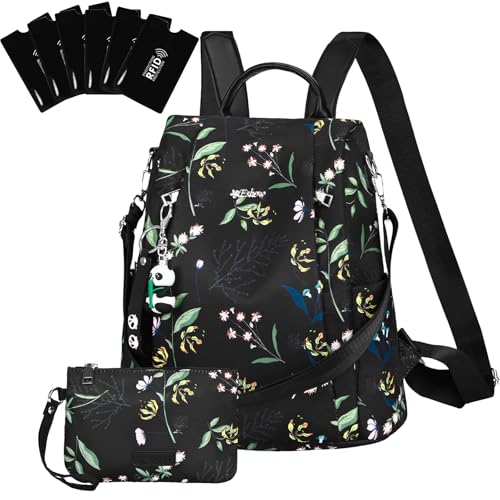 Eshow Mochila anti-roubo para mulheres e meninas, pode ser como mala de ombro ou mala de ombro, adequada para viagens escola compras e trabalho, Preto - floral exuberante, L