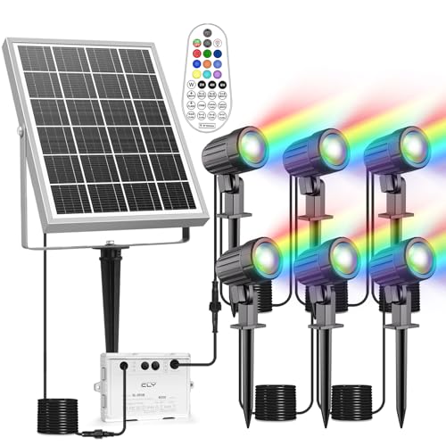 CLY Luzes solares LED exterior jardim RGB, 30 modos dinâmicos holofotes LED exterior solares 10 cores 2 brilho luz solar exterior 6000 mAh temporizador lâmpadas solares exterior jardim IP66