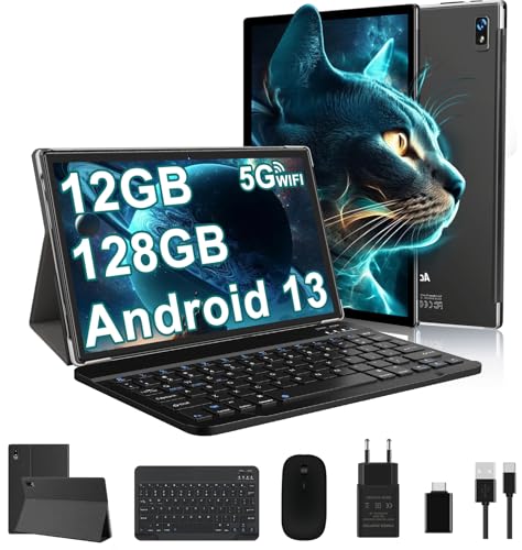 fezawio Tablet de 10 polegadas, tablet Android 13, 2,0 ghz, oito núcleos, 12 GB de Ram 128 GB de ROM, TF 512GB, Bluetooth 5.0, reconhecimento facial, teclado capa de couro rato, preto