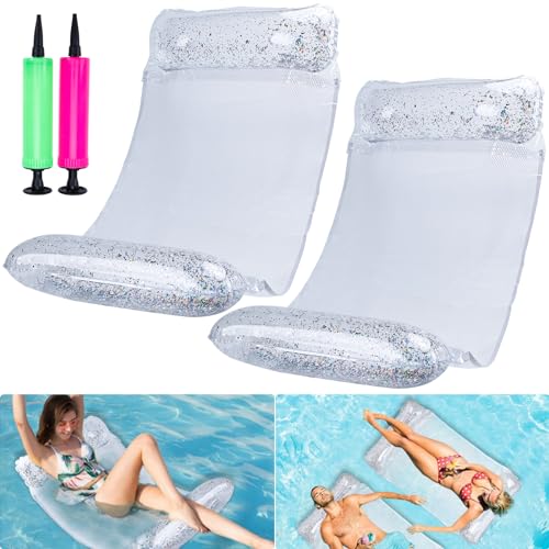 CYFIE Colchão para piscina, conjunto de 2 rede insuflável, rede de água para adultos, 4 em 1 flutuadores insufláveis para piscina, espreguiçadeira flutuante de água com 2 bombas de ar, transparente