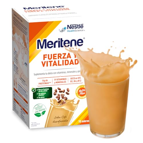 Meritene | Força e vitalidade | Batidos sabor café descafeinado, força para os seus músculos, qualidade para si, nutrição para adultos com proteínas, vitaminas e minerais, 15 envelopes | 450 g