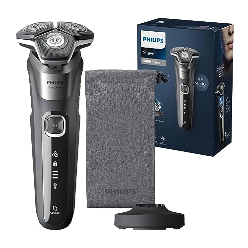 Philips Série 5000 máquina de barbear elétrica para homem, máquina de barbear com aparador, 45 lâminas, cuidado da pele, 60 min de uso, seco e húmido, recarregável, base de carregamento, S5887/13,