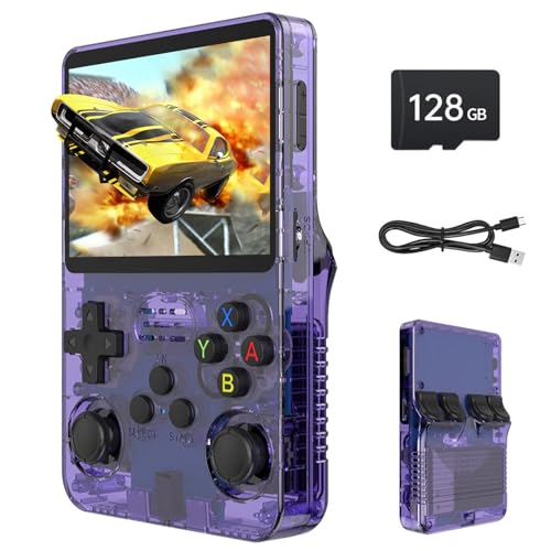 Febotak R36S Consola de jogos portátil retro, ecrã IPS de 3,5 polegadas, 128 GB de memória, mais de 40.000 jogos, com base em ARKOS de código aberto LINXU, bateria de 3500 mAh (roxo)