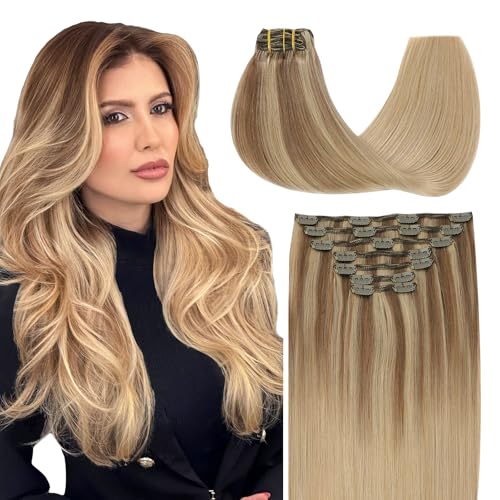 SURNEL Clipe de cabelo natural Extensões 160 g 50 cm 7 peças Balayage castanho claro a loiro caramelo extensões de clipe de humano real extensões de cabelo Remy natural (7 C#10/27/27-50 cm)