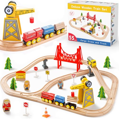 Tiny Land Conjunto de comboios de guindaste, 55 peças, pistas de madeira e grua exclusiva e comboios, adequado para Thomas adequado a Brio, kit ferroviário de brinquedo embalagem de presente