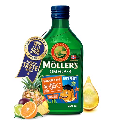 Moller's ® Óleo de fígado de bacalhau | complemento dietético com ómega - 3 EPA, DHA e vitaminas A, D e E | sabor Tutti Frutti | 250 ml