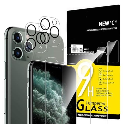 NEW'C 4 pacotes, 2 x protetor de ecrã para iPhone 11 Pro Max e 2 x protetor de ecrã protetor de lente de câmera, vidro temperado - anti-riscos, ultra resistente - vidro dureza 9H