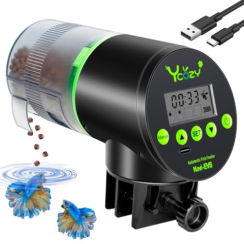 Ycozy Alimentador automático aquário recarregável dispensador comida para peixes USB carregador alimentador de comida automática peixes com ecrã LCD, Navi-EVS