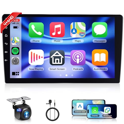 Rimoody 4 + 64G Wireless Carplay Android 13 rádio de carro 2 DIN, 9 polegadas HD rádio carro com Android automático navegação GPS Mirror Link Bluetooth WiFi/FM/RDS/EQ/USB controlo do volante câmara