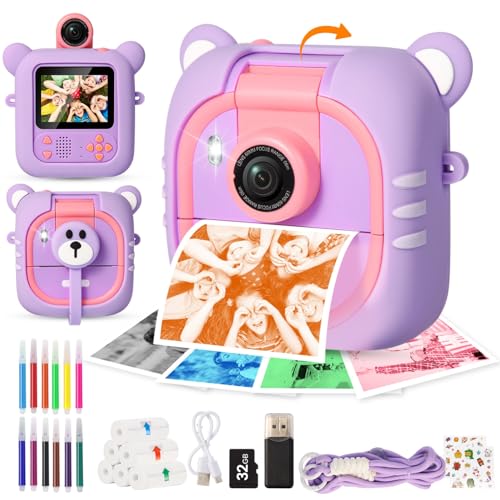 ARNSSIEN Câmara fotos infantis instantâneas, 7 papéis (4C: Vermelho/laranja/azul/verde 3 BN), 2,4" câmara fotos infantis com 1080 P & 180 ° lente & 32 GB, presente Natal / qual aniversários para Ni