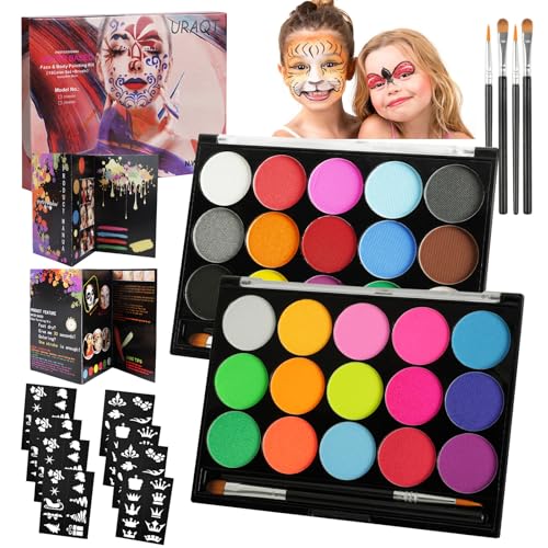 URAQT Kit de pintura facial, pintura facial de 15 cores e pintura UV de néon de 15 cores com 2 pincéis, 80 modelos, pintura corporal segura lavável para adultos, crianças, festa de Halloween