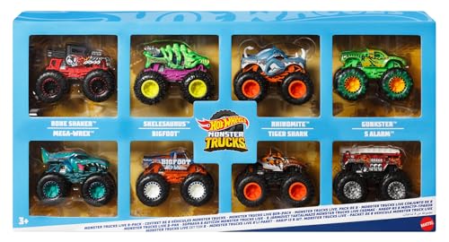 Hot Wheels Monster Trucks Pack de 8 carros de brinquedo em escala 1:64 com rodas grandes, inclui camiões da Rhinomite, Bone Shaker e Tiger Shark, presente de brinquedo para meninos e meninas +3 anos,